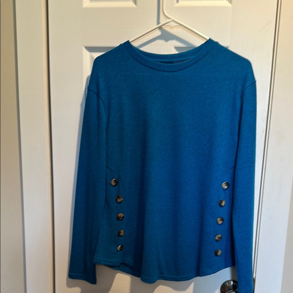 SHEIN Bright Blue Long Sleeve Top with side button accents